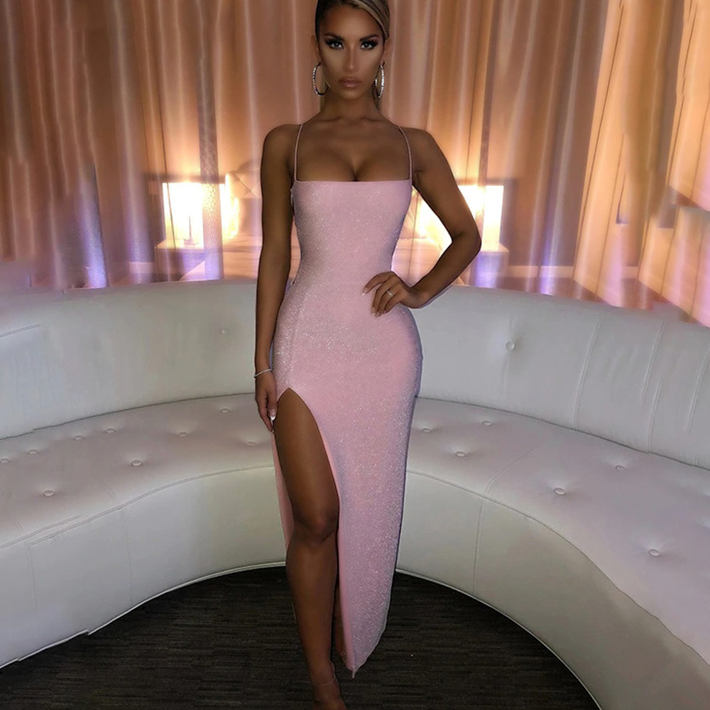 Pink Glitter High Slit Suspender Dress for Women