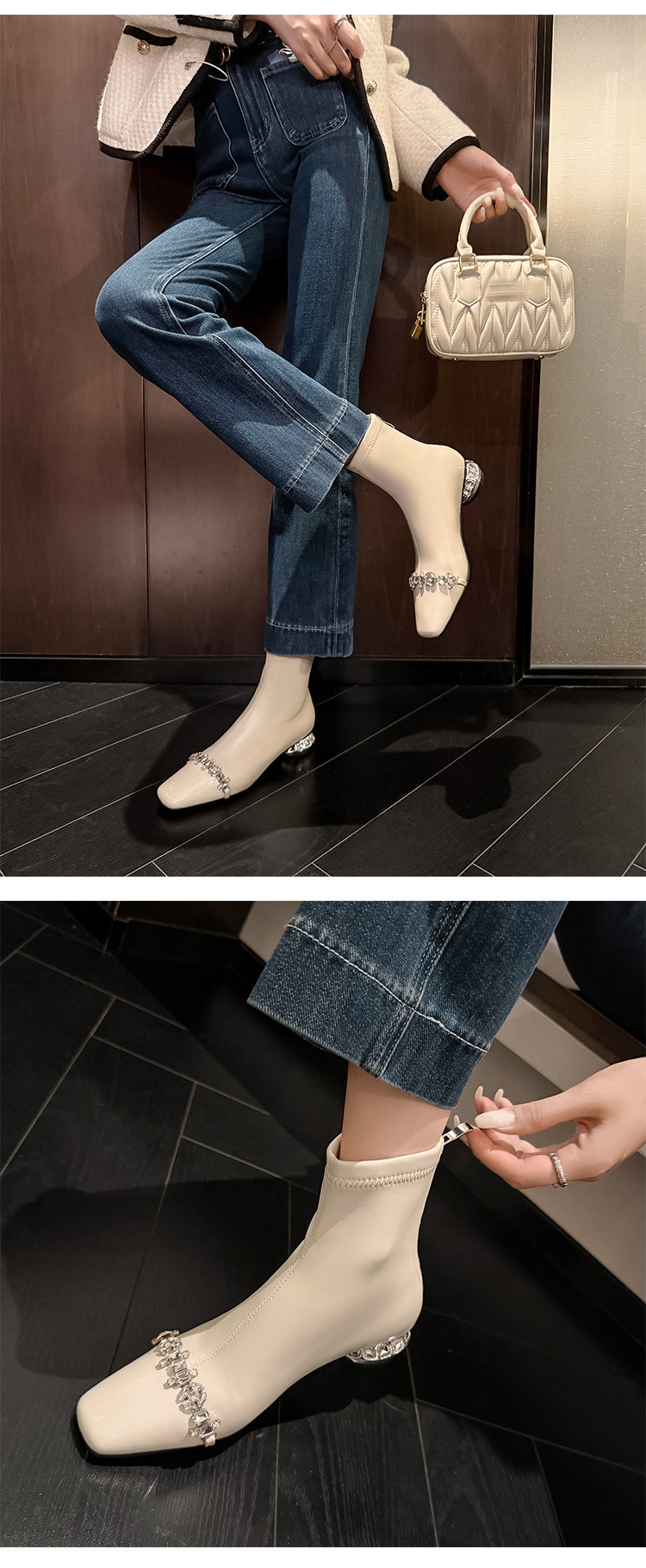 Boot ngắn nữ mũi vuông gót thấp khóa kéo sau chất nhũ đá phong thủy — nhung đen chi tiết 12