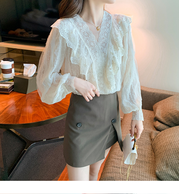 2023春季新款V领荷叶边衬衫女长袖蕾丝衫上衣温柔韩版仙女上衣详情11