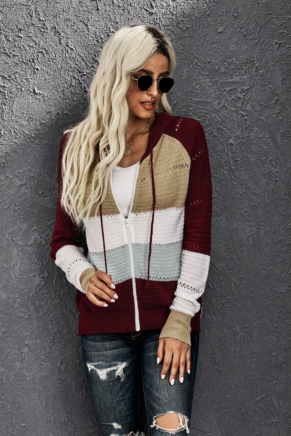 contrast color slim hooded knit sweater coat nihaostyles wholesale clothing NSQSY87002