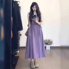 パープルサスペンダードレス女性の夏のシックなウエスト巾着ミディドレスドーパミン着用半袖 A ラインスカート