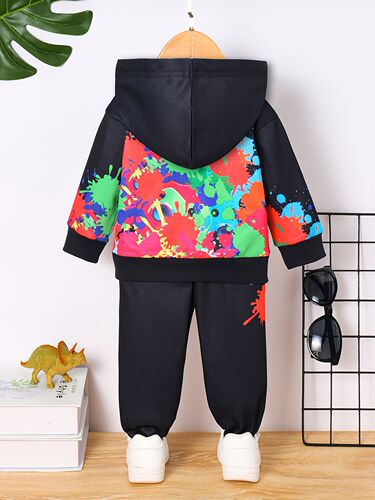 INS Infant, baby boy, spring and autumn style, fleece hooded cartoon dinosaur print, long-sleeved top, trousers, trendy