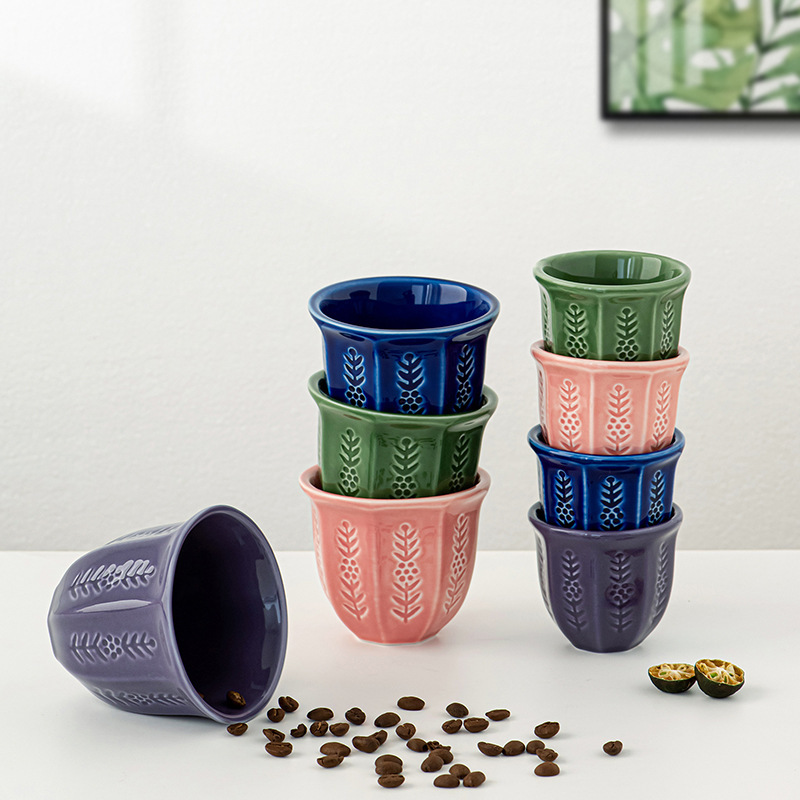 In-Stock Dropshipping Middle Eastern Embossed Tulip Cup 100ml Arabic Style Ceramic Coffee Cup 180ml 250ml