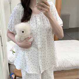 韩国ins女士夏季新品韩系双层棉纱紫色小碎花圆领家居服睡衣套装