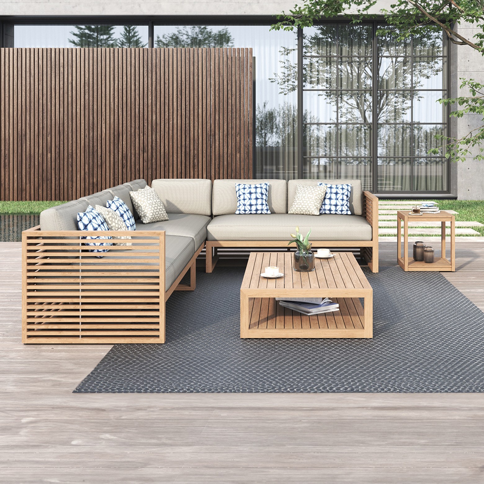 Conjunto de muebles de teca para patio exterior, sofá para terraza de villa, resistente a la corrosión, para jardín, a prueba de lluvia y sol, sofá de madera maciza.