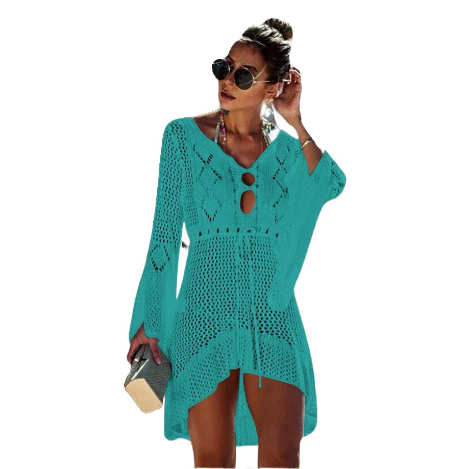 Amazon hollow protección solar camisa campana manga playa blusa bikini blusa europea y americana popular punto traje de baño