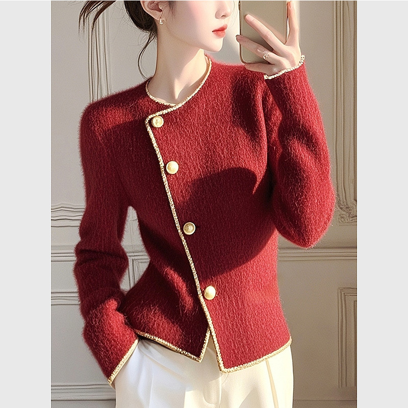 Tweed Style Burgundy Thickeneded Sweater Jacket Outer Wear 2025 Autumn and Winter Super Nice Christmas and New Year Red Knitted Cardigan