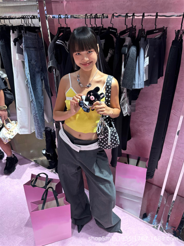 2025新款灰色设计感直筒休闲长裤翻腰头西裤女|undefined
