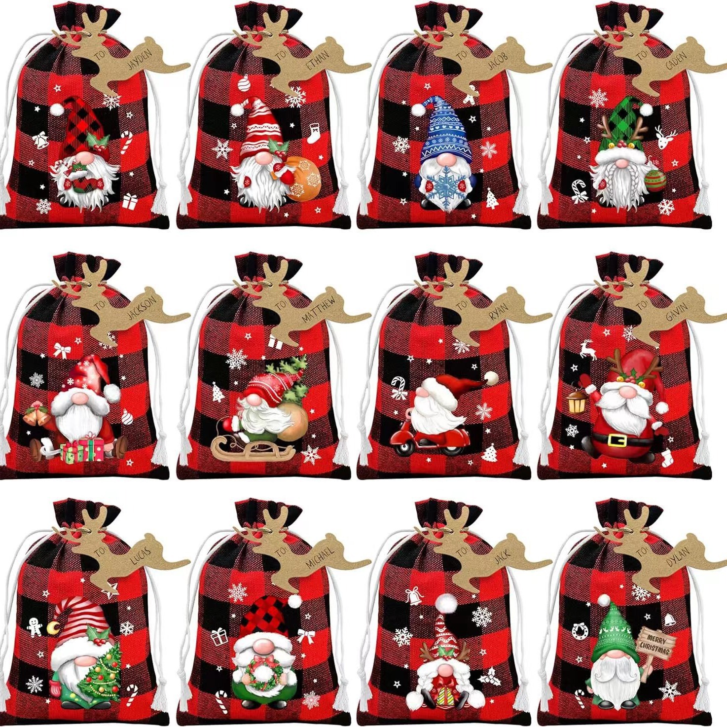 跨境热卖格纹棉布抽绳束口袋圣诞糖果礼盒棉麻袋源头厂家现货批发