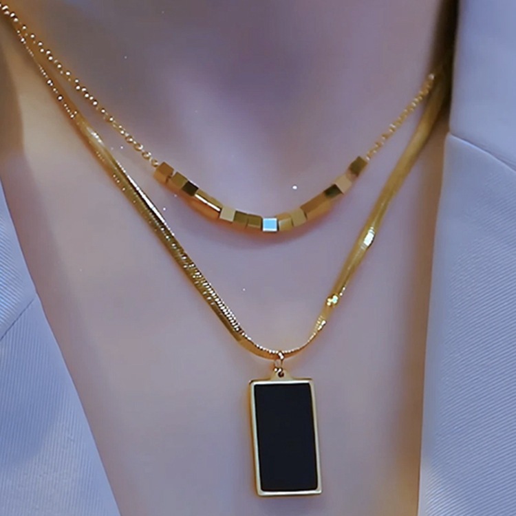 Light Luxury Double-Layer Necklace for Women, Fashionable Long Sweater Chain, Mirror Square Pendant Clavicle Chain, Trendy Accessories