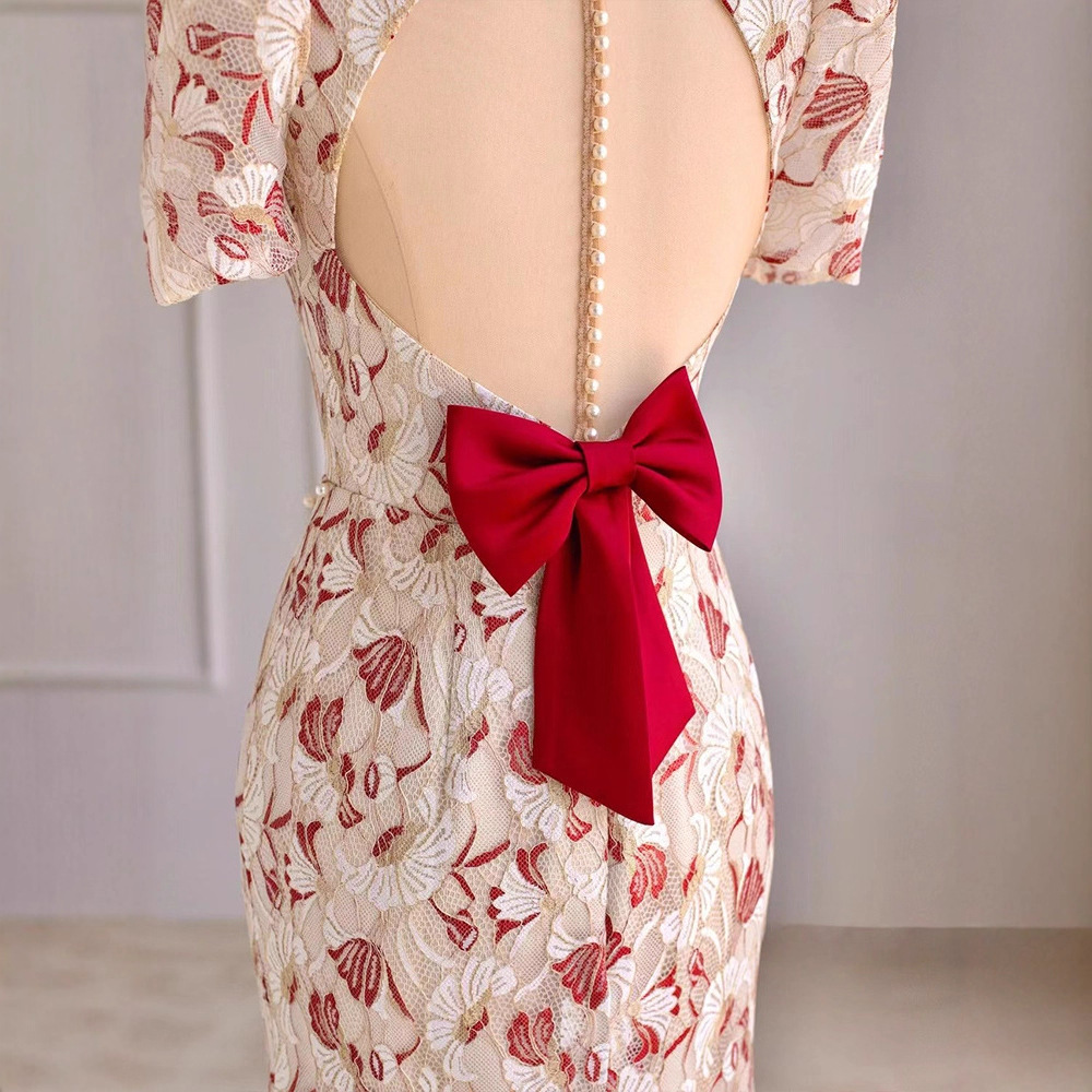 Vestido Qipao para Novia, Estilo 2025, Color Borgoña, para Boda, Compromiso, Graduación, con Encaje y Cola de Pez image 5