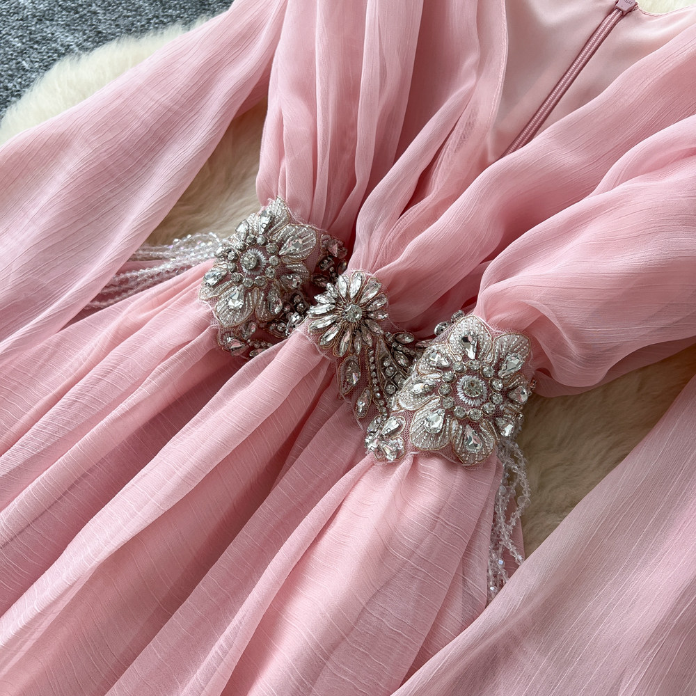 Elegant V Neck Dress Korean Style Rhinestone Embellished Waist Cinching Slimming Sophisticated Long Dress Lantern Sleeve_ecoleips.com