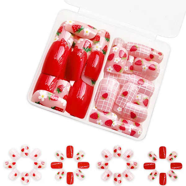 Short Bright Square Armor Fresh Flower Strawberry Stripe Combination Wear Manicure Pieces European and American Foreign Trade 48 Pieces 24 × 2
