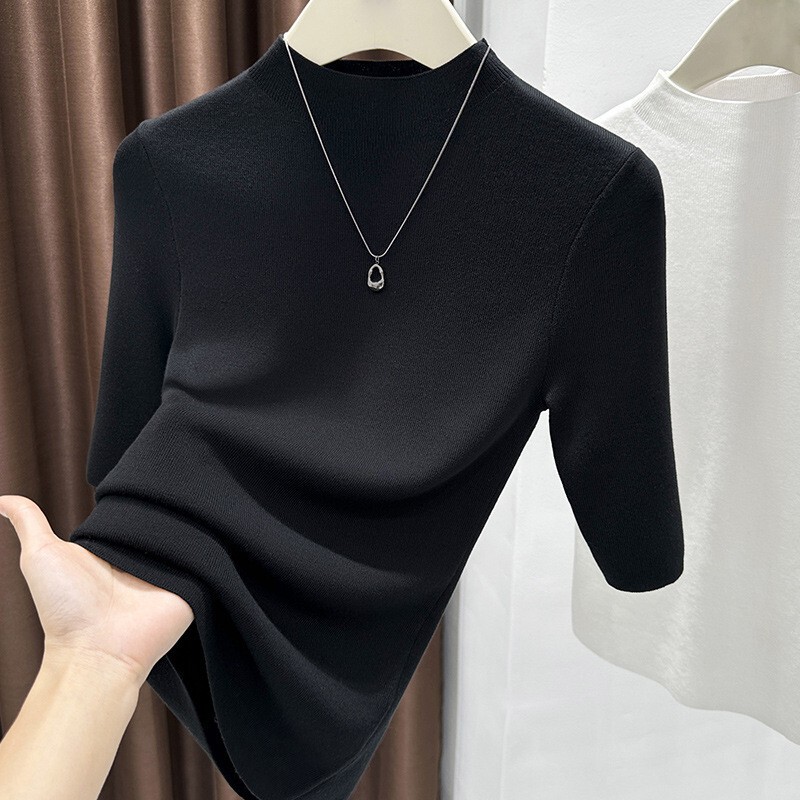Spring New Style Half-High Collar Design Mid-Sleeve Top, Fashionable and Elegant Slim-Fit Sweater, Base Knitwear for Women Spring New Style Half-High Collar Design Mid-Sleeve Top, Fashionable and Elegant Slim-Fit Sweater, Base Knitwear for Women