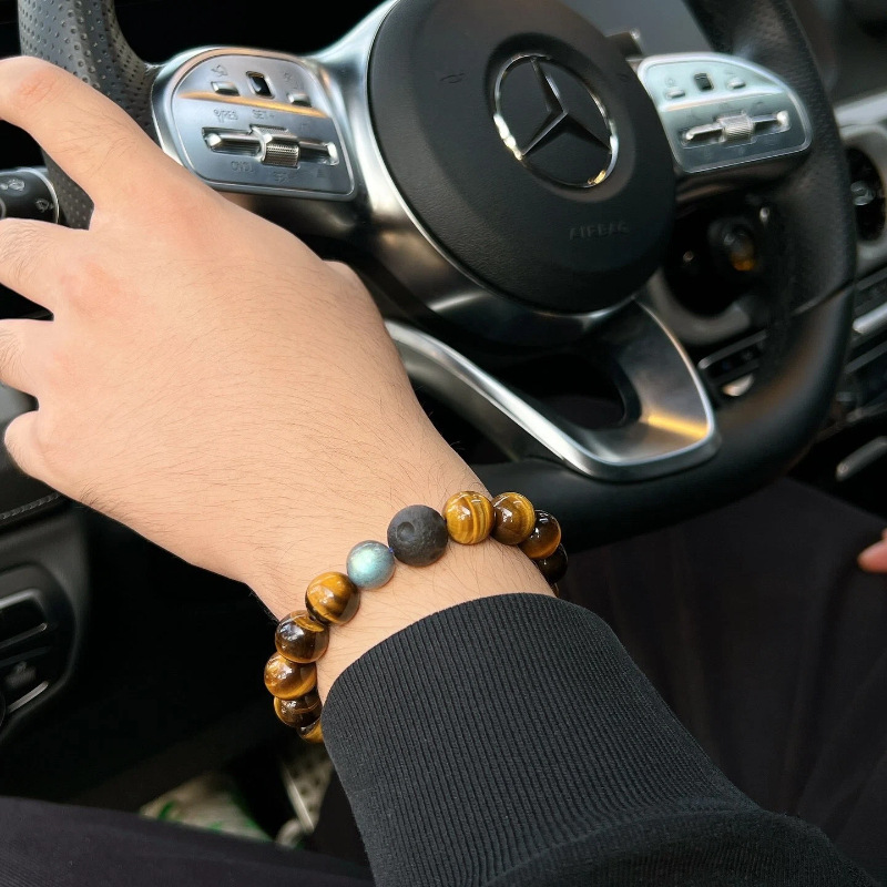 复古设计款天然黄塔晶虎眼石沉香手串小众高级质感秋冬串珠男