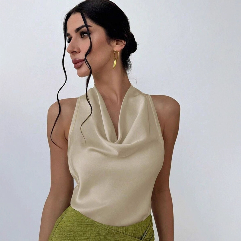 Cross-Border Women's Clothing Sexy Sleeveless Satin Short-Sleeved Shirt 2025 Spring and Summer Amazon European and American Women's Shirt