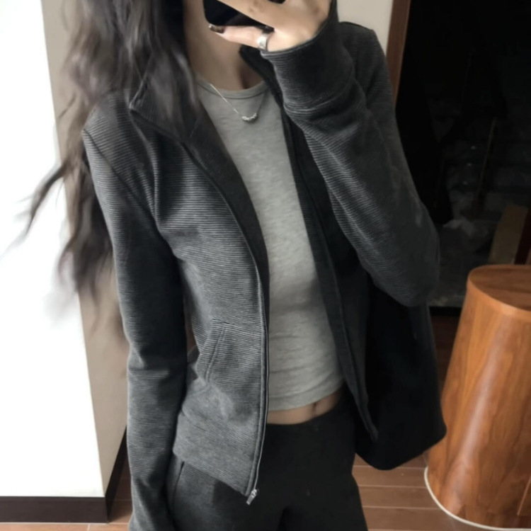 Jimo Striped Stand-Up Collar Slim-Fit Jacket Women's Waist-Cinching Sweatshirt Cardigan Korean Style Short Top Autumn Sports Suit Jimo Striped Stand-Up Collar Slim-Fit Jacket Women's Waist-Cinching Sweatshirt Cardigan Korean Style Short Top Autumn Sports Suit