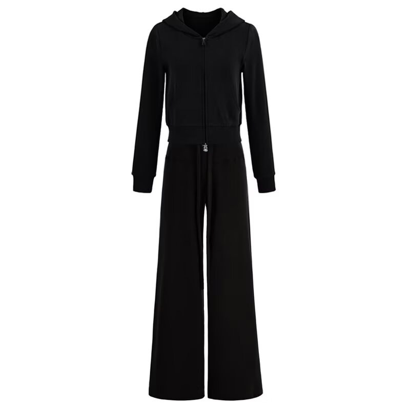 Winter Sporty Casual Fitness Women's Sweatshirt And Pants Set Hooded Zip up Sweatshirt Low Rise Drawstring Pants_ecoleips.com