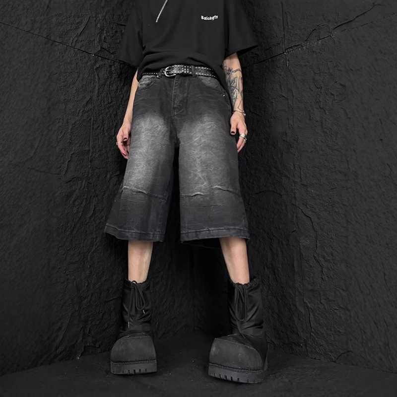 Washed Vintage Old Black and Grey Denim Shorts Men's Fashionable and Handsome Summer Loose Wide-Leg Over-the-Knee Capri Pants
