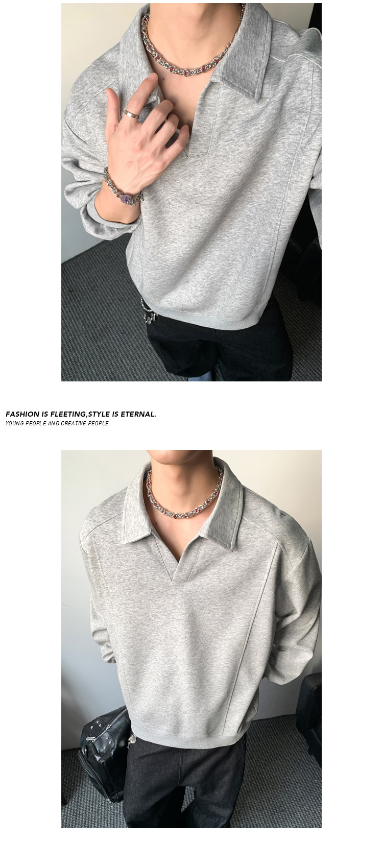 Felpa grigia mezza zip stile old money unisex a maniche lunghe_voghion.com