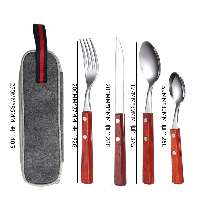 Cuchillo, tenedor y cuchara con mango de madera de acero inoxidable 304, restaurante occidental, bistec, cuchillo, tenedor y cuchara, juego de vajilla portátil de viaje, fuente transfronteriza