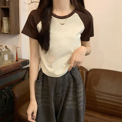 American Retro Pure Cotton Short-Sleeve T-Shirt for Women 2025 Summer Colorblock Short Length Shoulder-Style Top