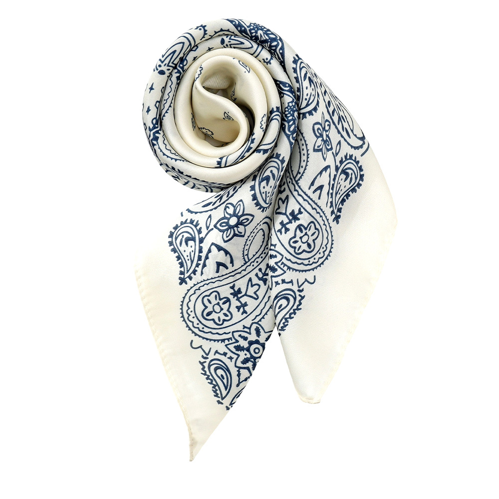 Flor de anacardo de todo fósforo transfronterizo blanco 70 bufanda cuadrada sensación de alta calidad para mujer bolsa atada para atar cabello bufanda de seda de imitación de cuello al por mayor