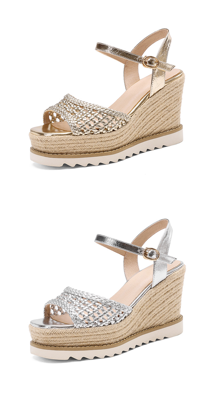 Sandal cao gót nữ mũi vuông hở ngón, đế xuồng đan rơm, gót 9 cm — màu vàng, bạc chi tiết 20