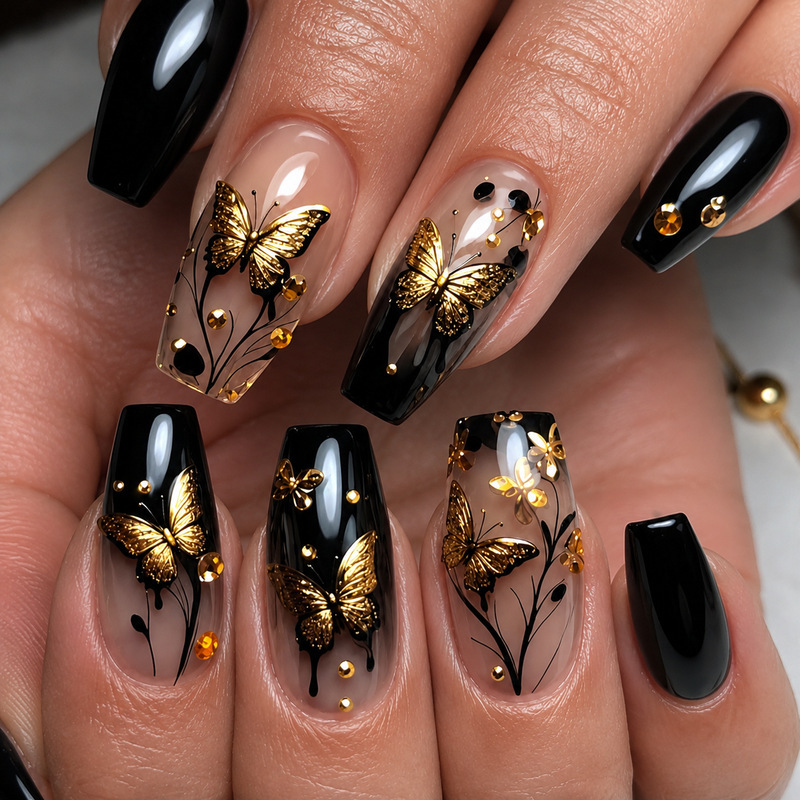 Cross-border black and gold ins-style sweet and cool dark-toned gradient glitter butterfly fake nails wholesale Cross-border black and gold ins-style sweet and cool dark-toned gradient glitter butterfly fake nails wholesale