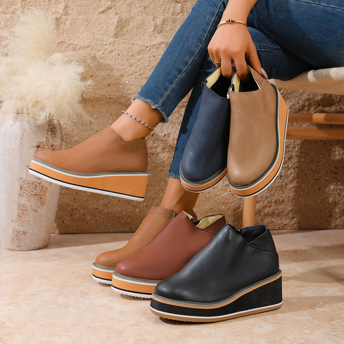 Winter retro wedge ankle boots, women's new large size platform side zipper fashion boots