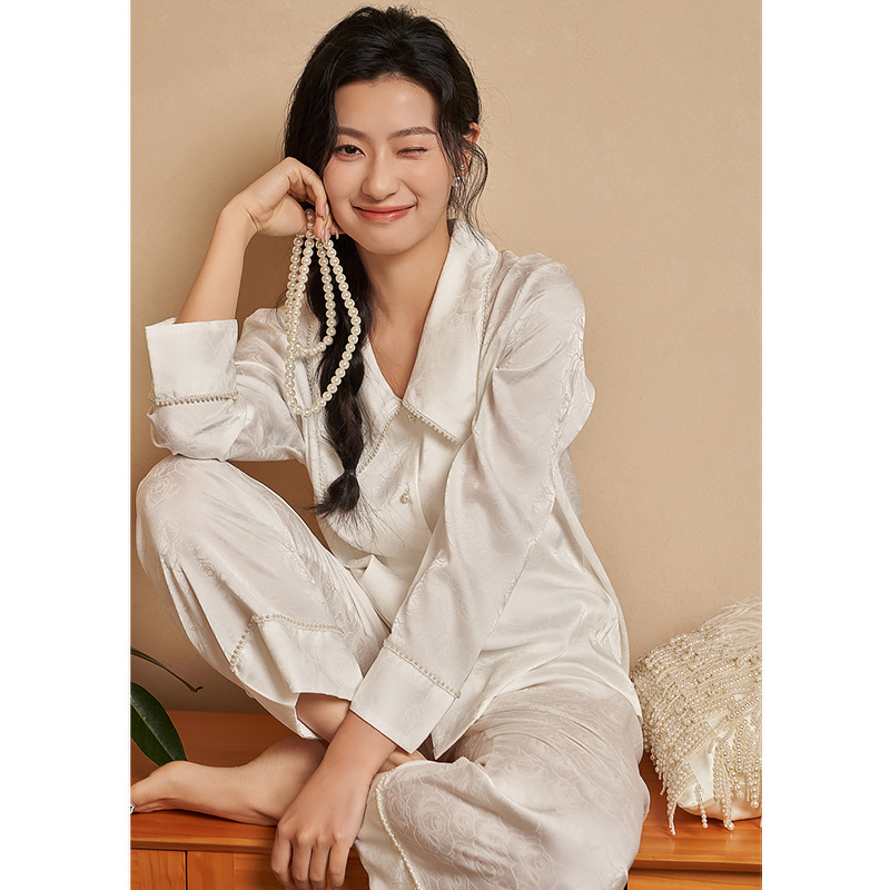 Jiangnanhe 2025 New Pajamas for Women Spring and Summer Pearl Collar Jacquard High-End Long-Sleeved Pants Home Wear Set