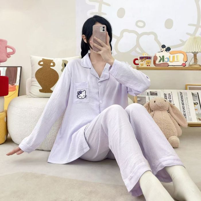 Venta al por mayor transfronteriza de pijamas de algodón de nube para mujer hellokitty pantalones de manga larga bordados de bolsillo rebeca solapa servicio a domicilio