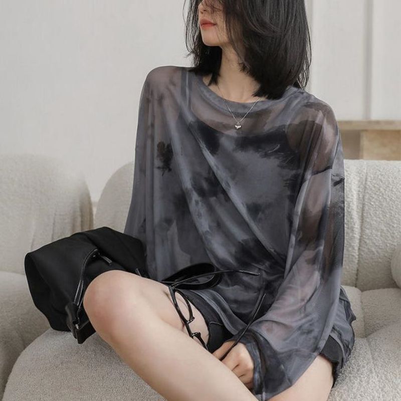 2025 New Loose Korean Style Tie-Dye Slightly See-Through Mesh Long-Sleeved T-Shirt, Stylish Sun Protection Bottoming Shirt, Thin Top for Women