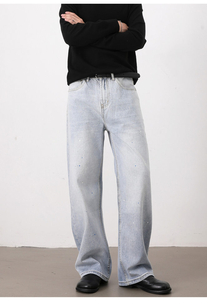 Quần jeans nam ống rộng dáng suông giặt mài họa tiết vẩy mực — Màu xanh dương chi tiết 14