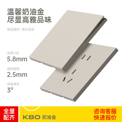 Wholesale matte large plate wall socket concealed ultra-thin two-three-pin five-hole cream gold frameless skin-feel switch panel