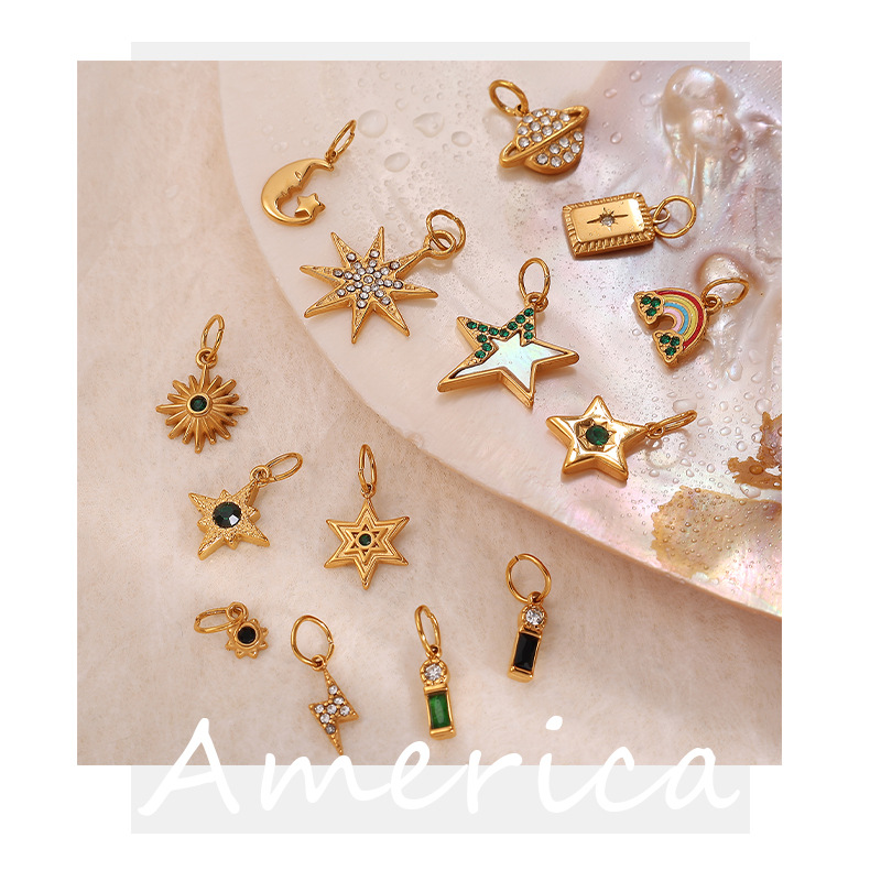2g Weight 1 Piece 12.5mm 13.4mm 17.7mm 304 Stainless Steel Crystal Rhinestones PVD Coated Real Gold Plated Rainbow Star Lightning Polished Pendant DIY Ornament Accessories