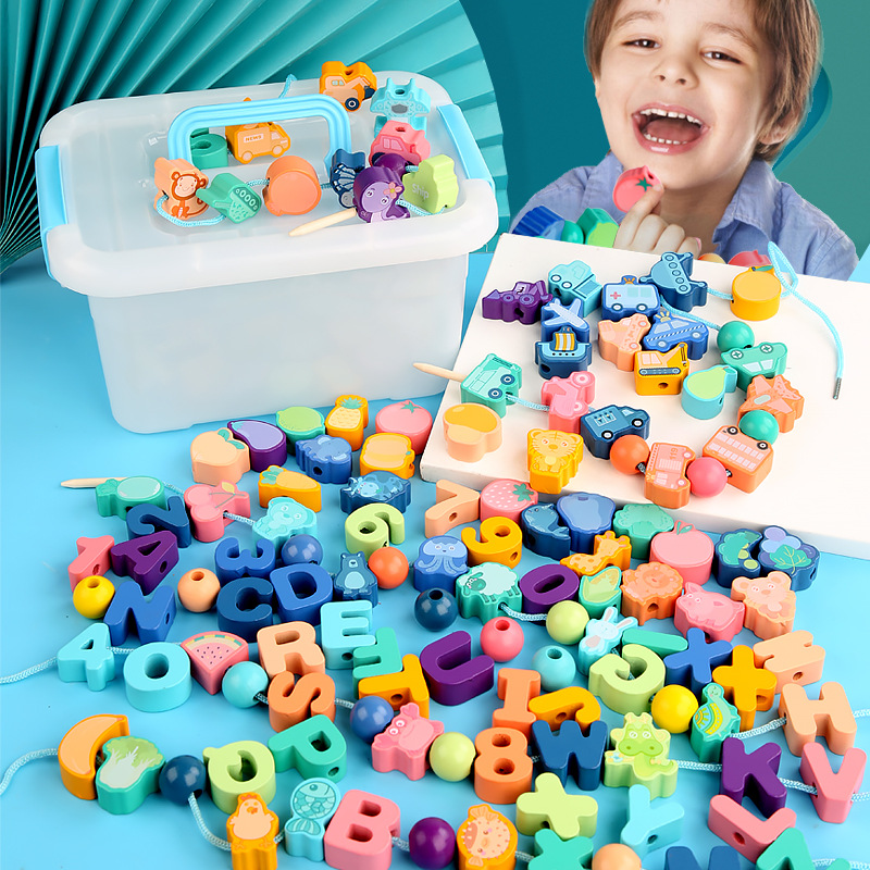 Juguetes de cuerda educativos de educación temprana para niños de 3 a 4 años de edad, niños y niñas bebé letras y números para niños bloques de construcción de cuentas de partículas grandes
