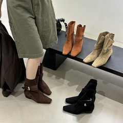 2025新款法式方头粗跟切尔西短靴女瘦瘦靴马丁靴老钱风复古西部靴