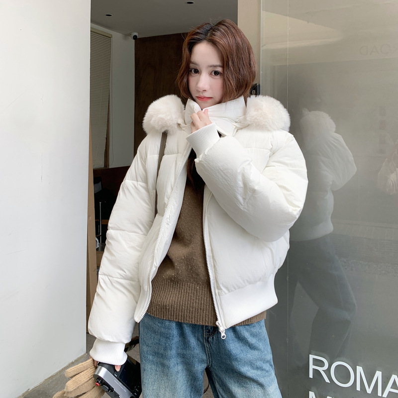 2025小个子新款收腰版羽绒棉服女冬季短款白色修身可拆卸毛领外套|undefined
