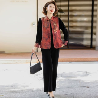 妈妈秋装金丝绒套装25新款中老年女装春秋唐装上衣国风马甲三件套