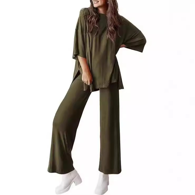 Cross-border Foreign Trade Amazon temu202 Women's Fashion Casual Round Neck Loose T Side Pocket Pajamas suit