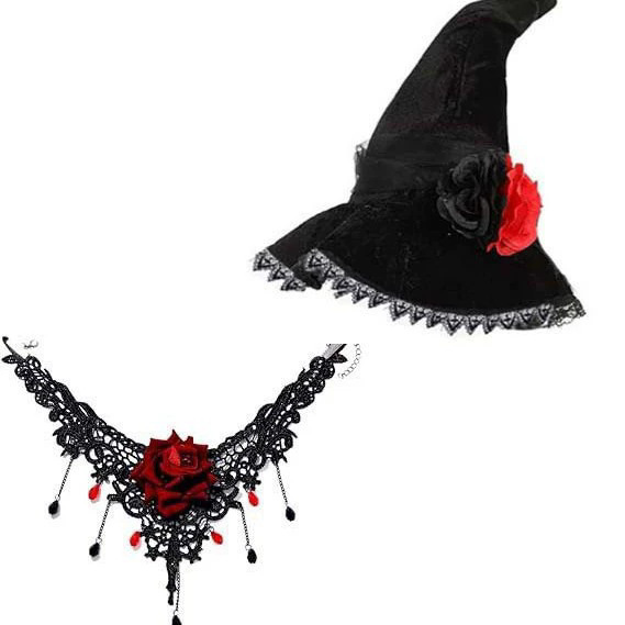 ハロウィン魔女帽子ゴシックスタイルメッシュレース魔女帽子コスプレステージパフォーマンスローズネックレス|undefined