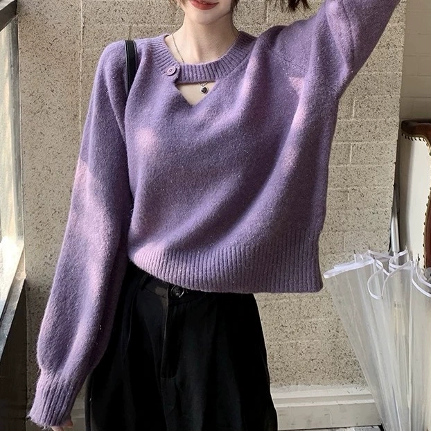 Женский свитер 2025 осень-зима новый корейский стиль свободный ретро с вырезами трикотаж с мягкой подкладкой топ