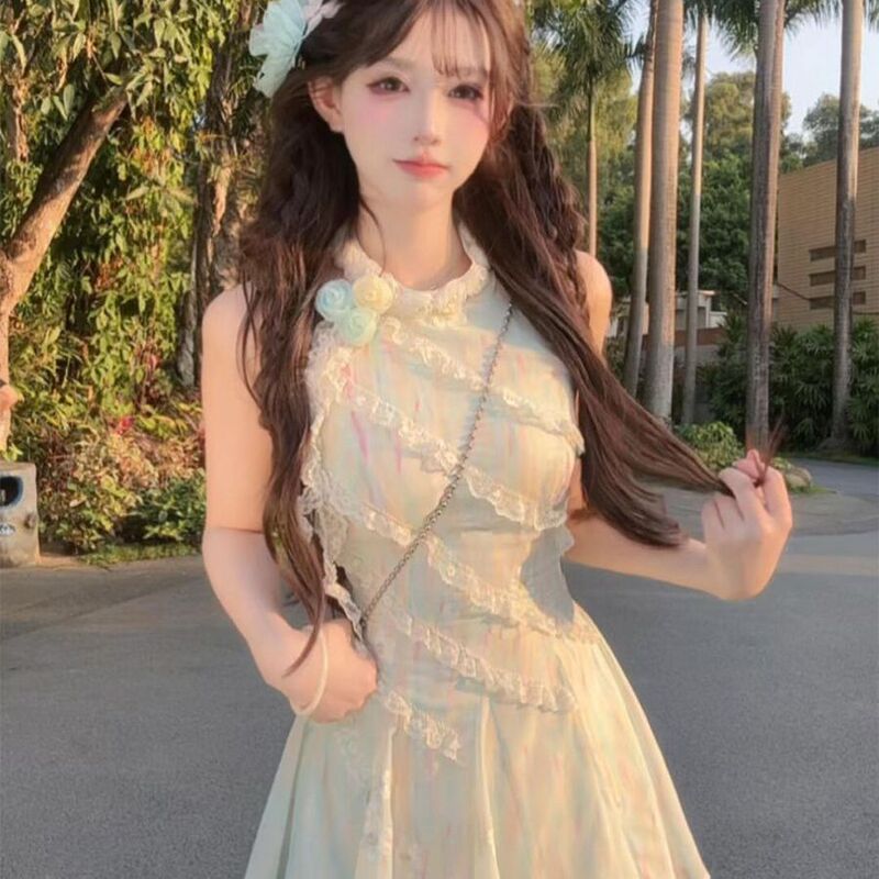 法式蕾丝拼接茉莉甜美青绿夏季花朵连衣裙设计新款显瘦收腰长裙子|undefined