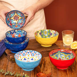 波西米亚饭碗家用创意个性陶瓷碗高颜值复古面条碗高脚碗吃饭小碗