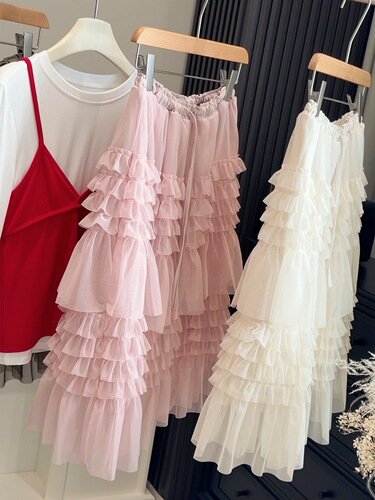 Heavy Industry Wood Ear Edge Net Band Waist Cake Skirt Women Spring New Korean Style Elegant Fullness Skirt Layered Net Dress