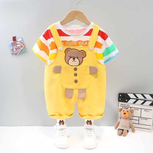 Baby boy summer clothes, new style, striped letters, short-sleeved overalls, two-piece set, summer suit for children aged 1 to 4 years old