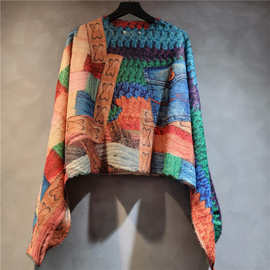 个性小众设计撞色印花秋冬新款仿水貂绒针织休闲遮肉显瘦短上衣