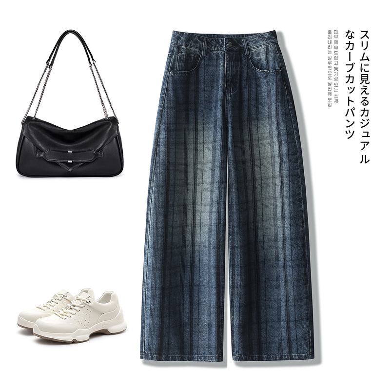 Loose-fitting, casual, and slimming jeans, high-waisted, for women, suitable for spring and autumn, fashionable plaid design, versatile, plus-size, wide-leg pants, athletic pants Loose-fitting, casual, and slimming jeans, high-waisted, for women, suitable for spring and autumn, fashionable plaid design, versatile, plus-size, wide-leg pants, athletic pants