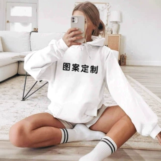 欧美跨境女装秋冬上衣一件定制图案印花圆领休闲宽松连帽卫衣女